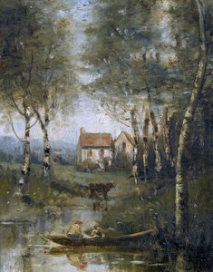 La rivière en bateau et la maison - Jean Baptiste Camille Corot